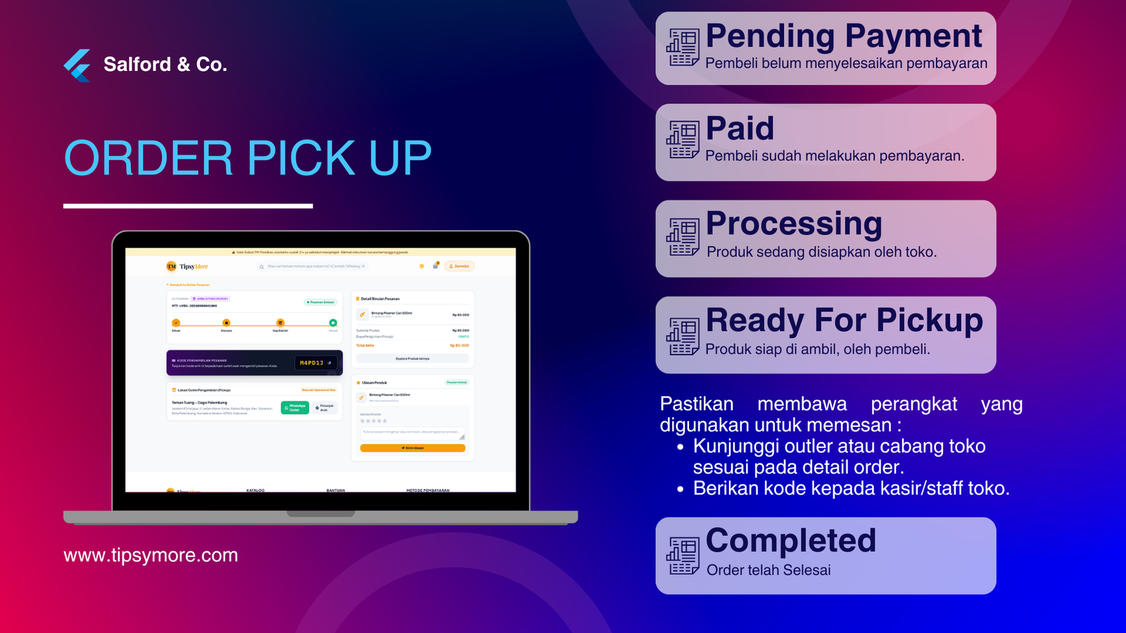 [GAMBAR 3]: Screenshot Tampilan QR Code Pengambilan Toko dan Kode PIN Pickup pada Halaman Detail Pesanan